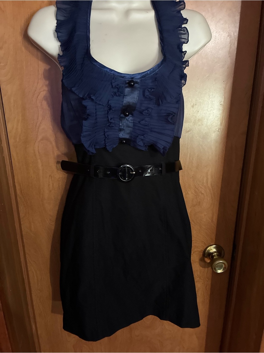 Y2K A’GACI Ruffled Navy and Black Sleeveless Dress with Belt Small